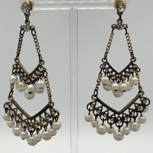Brass Pearl Chandelier Drop Dangle Earrings Rhinestone Long